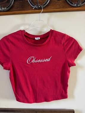 Garage Red Crop Tee with White "Obsessed" Script